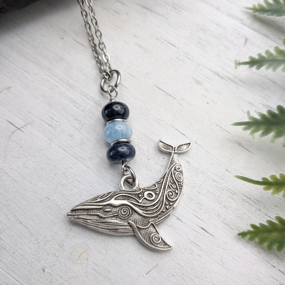 Handmade Jewelry - Silver Whale Pendant Necklace with Blue Accents